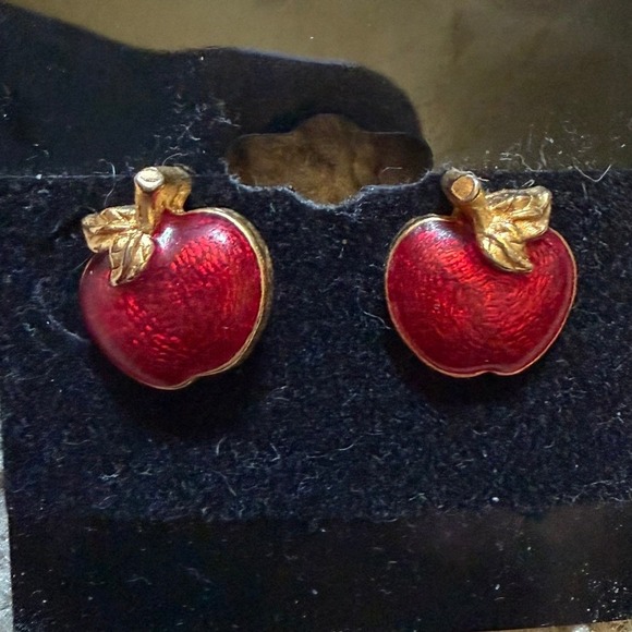Jewelry - Vintage Avon Apple Stud Earrings Enamel Gold Tone